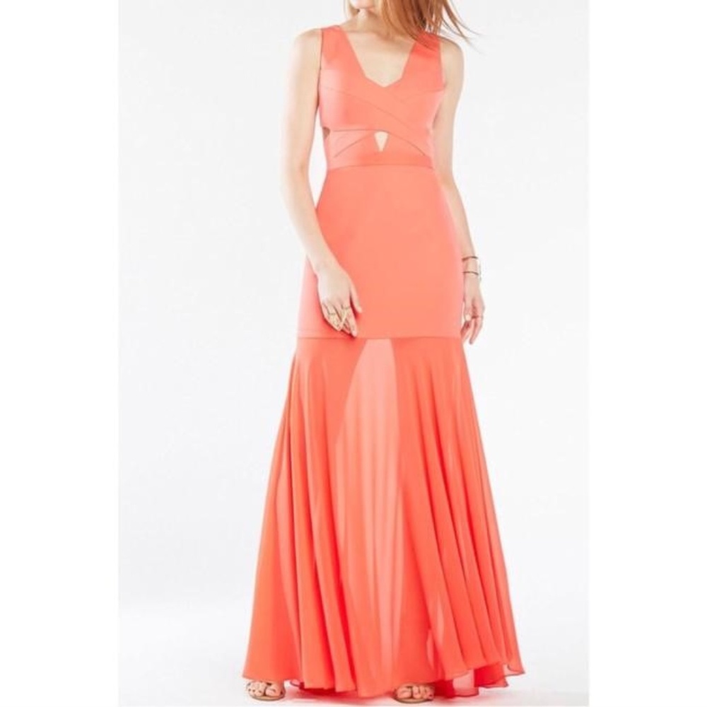 BCBGMAXAZRIA Peach Joy Cutout Gown Formal Dress